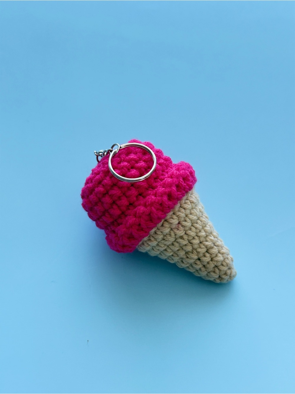 Handmade Fuchsia Pink Crochet Ice Cream Cone Keychain for Kids